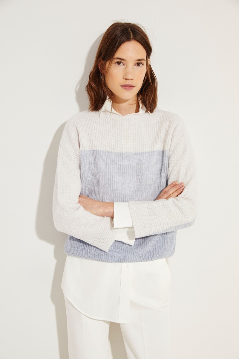 Cashmere-Leinen-Pullover Blau/Weiß
