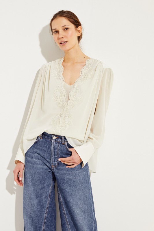 Seiden-Bluse mit Lace-Detail Light Grey