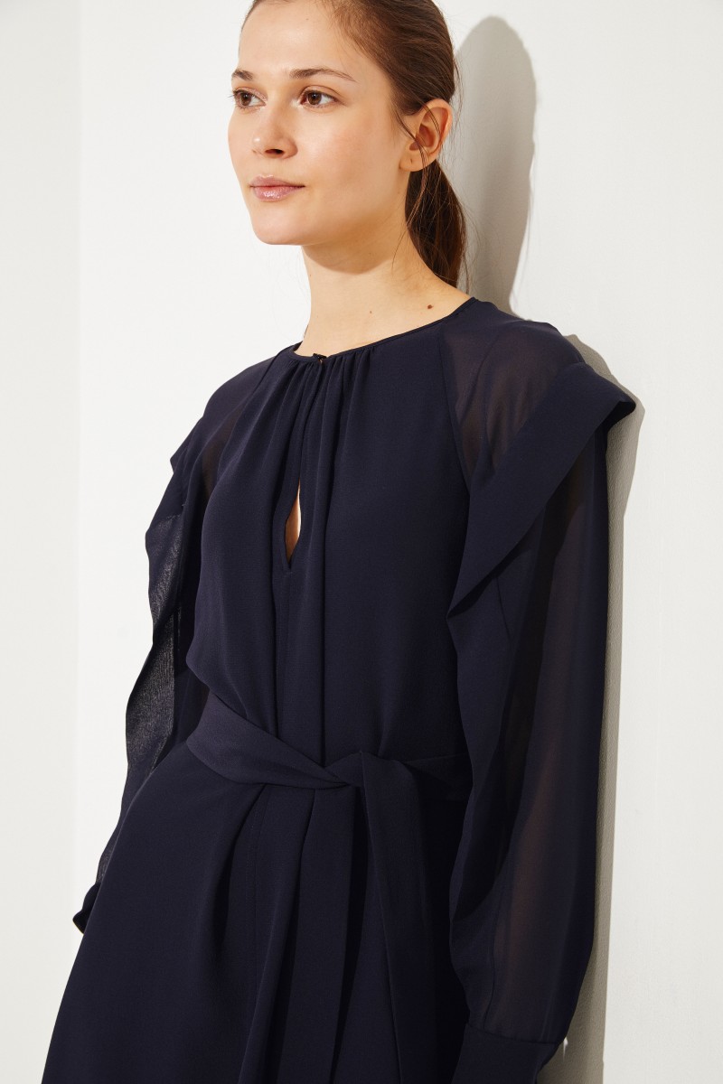 Seidenkleid mit Volants Marineblau