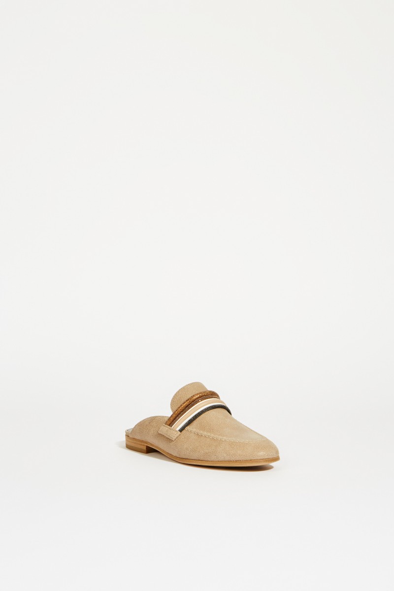 Leder-Mule mit Perlenverzierung Beige