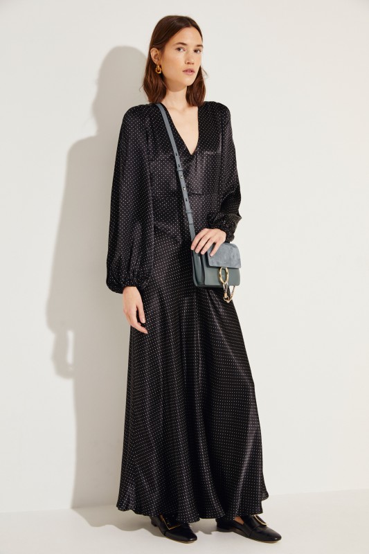 Maxikleid mit Polka Dots 'Heavy Satin' Schwarz/Weiß