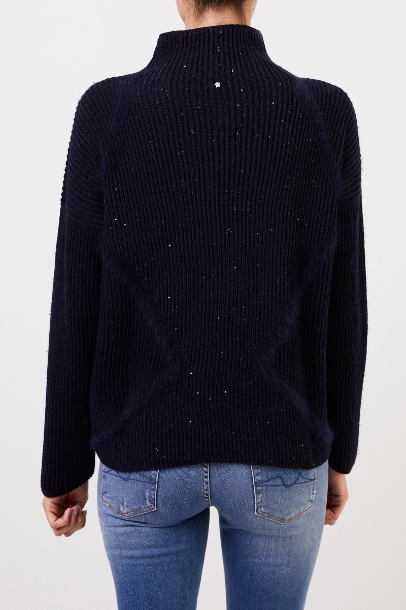 Woll-Pullover mit Pailletten Marineblau