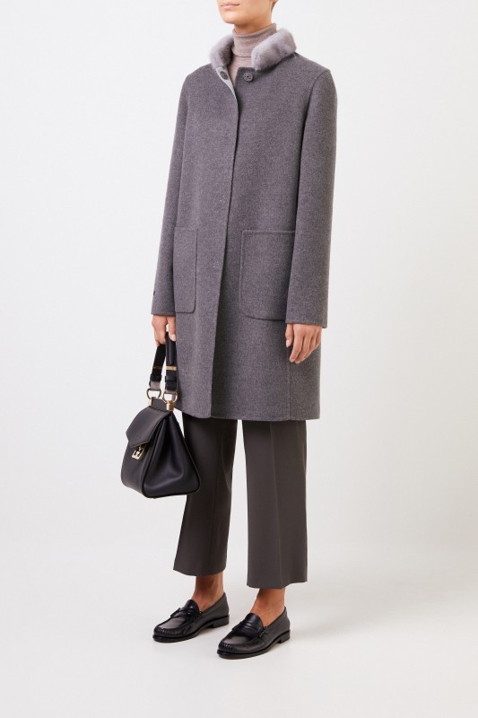 Manzoni 24 Wende-Cashmere-Wollmantel mit Nerzkragen Grau/Hellblau