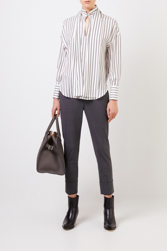 Gestreifte Seidenbluse mit Schluppendetail Crème/Multi