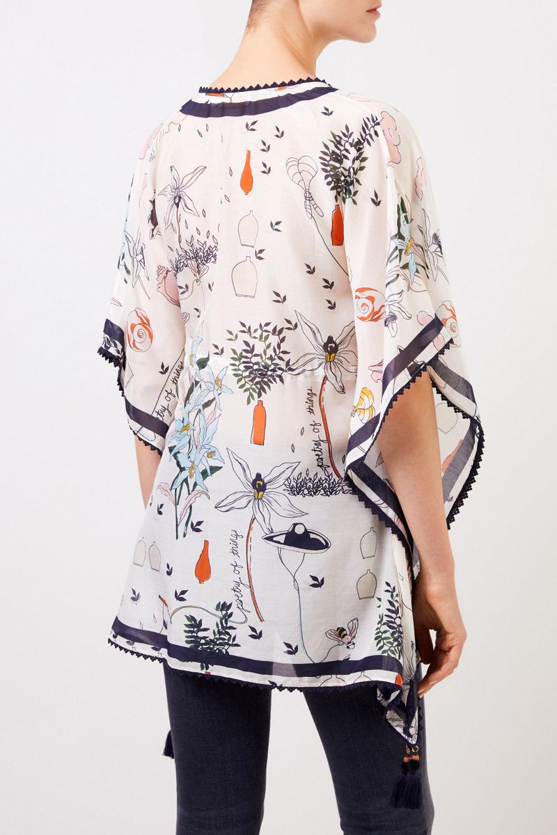 Baumwoll-Seiden-Tunika mit Print Crème/Multi
