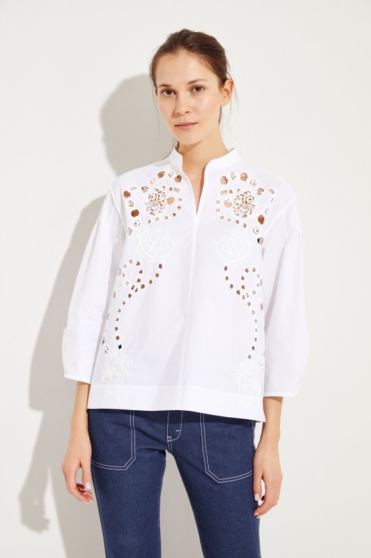 Baumwoll-Bluse mit Lock-Stickerei Weiß