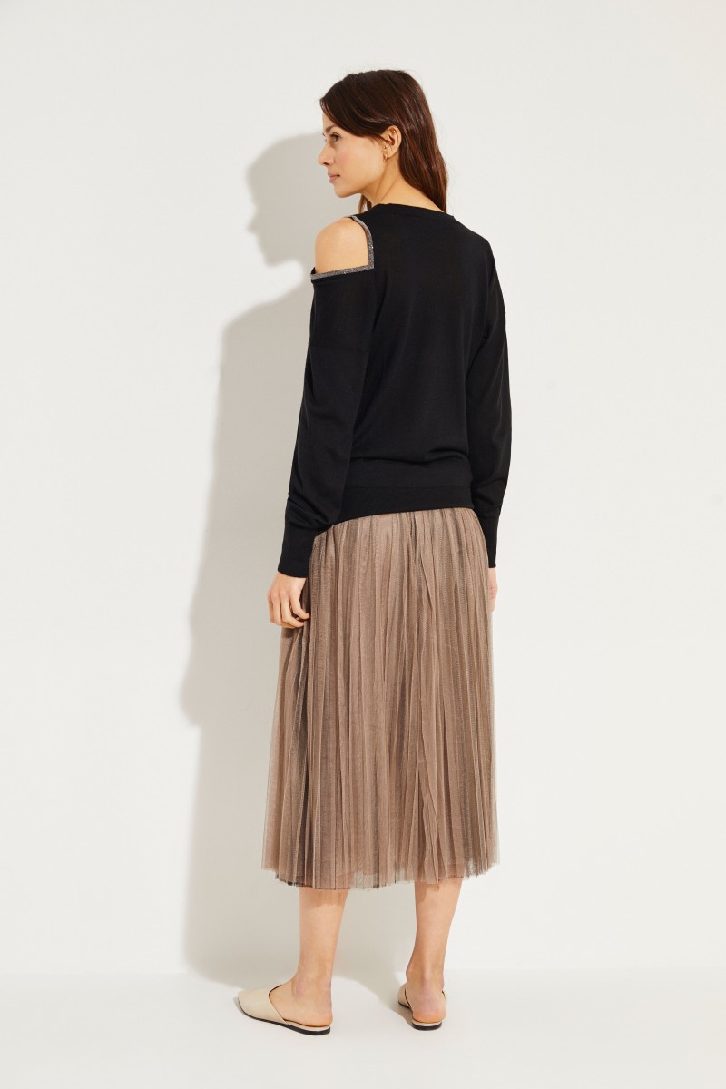 Seide-Cashmere Pullover mit Perlenverzierung Schwarz