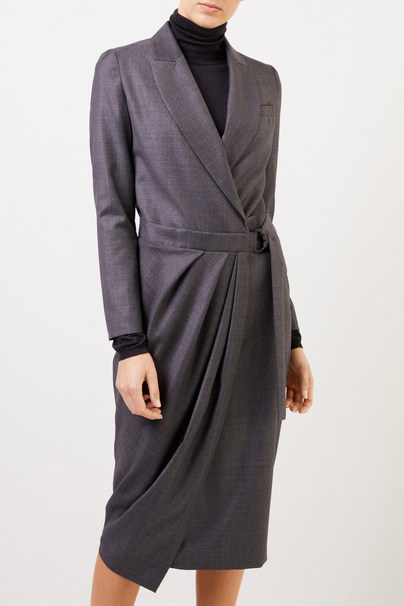 Brunello Cucinelli Woll-Hemdblusenkleid mit Wickeldetail Anthrazit