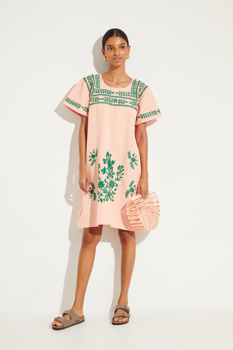 Baumwoll-Leinen-Kleid 'San Pedro' mit Stickerei Orange/Grün