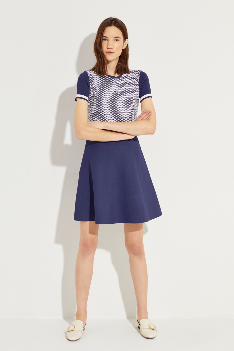 Gemustertes Strick-Kleid Blau/Weiß