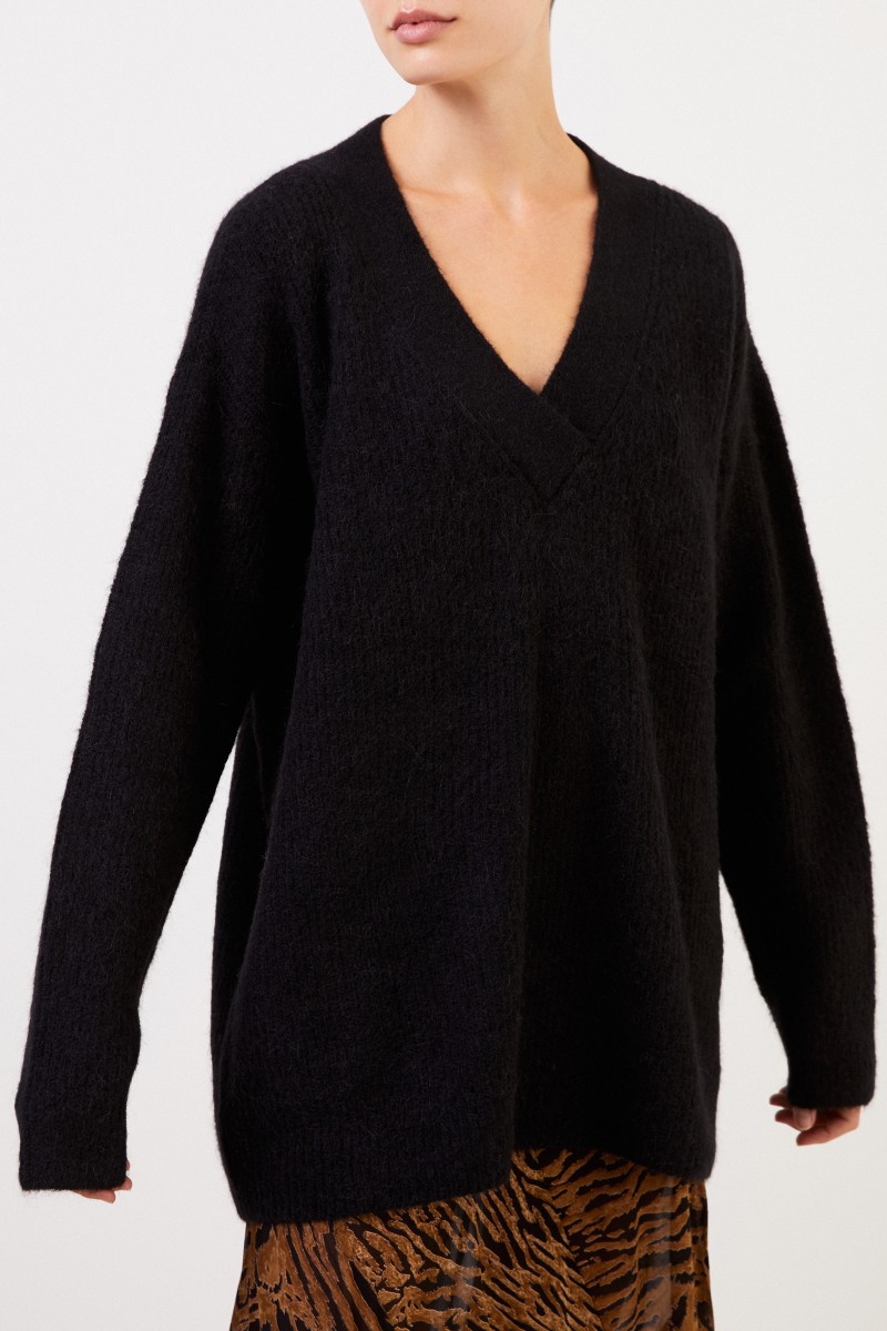 Ganni Alpaca-Pullover mit V-Neck Schwarz