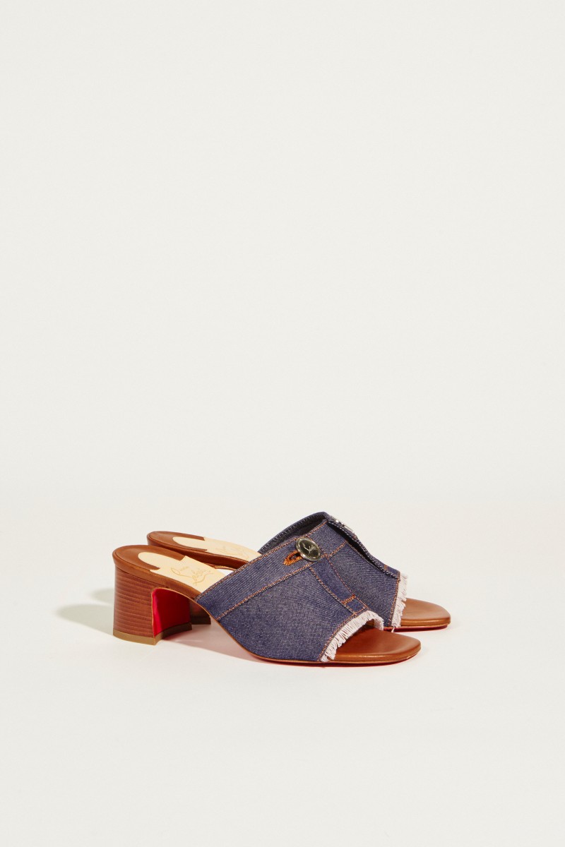 Leder-Mule mit Fransendetails Denimblau