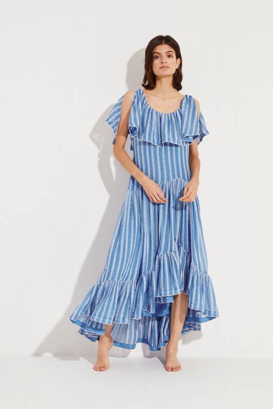 Maxi-Kleid mit Stickerei Blau/Weiß