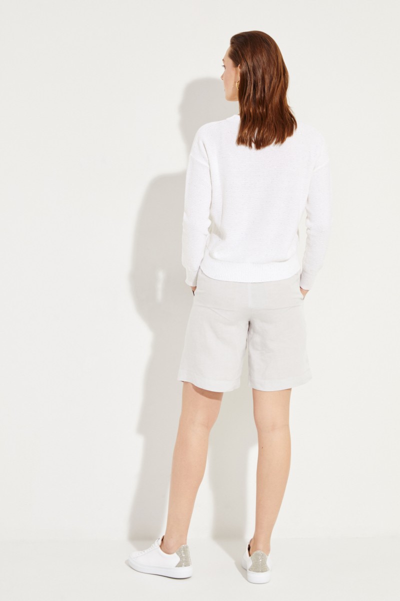Baumwoll-Leinen-Pullover mit Pailletten-Details Weiß