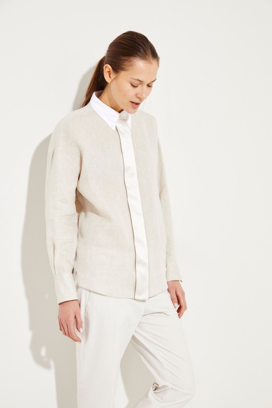 Leinen-Bluse mit Perlenverzierung Beige