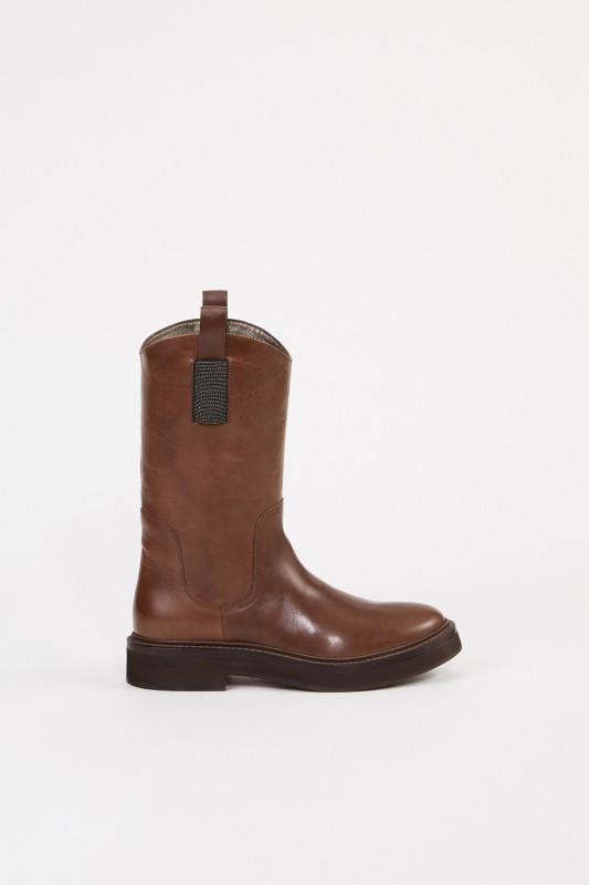 Leder-Stiefel mit Perlenverzierung Braun