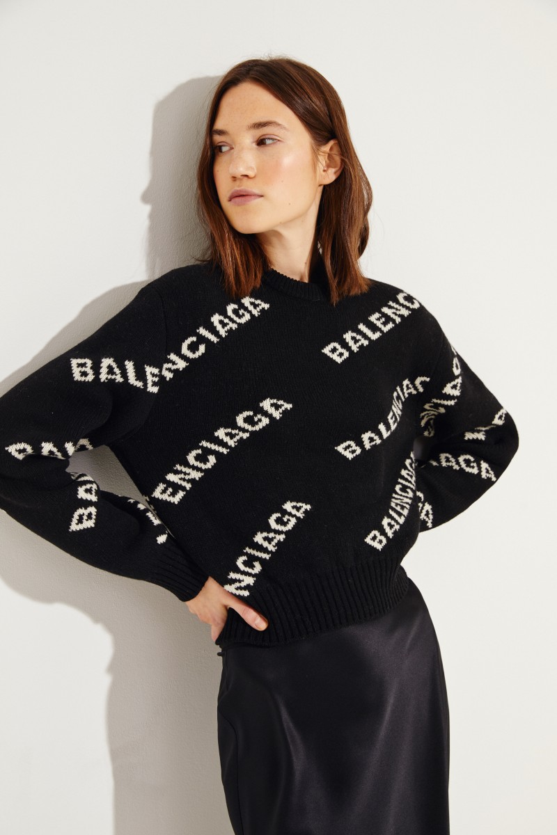 Cropped Wollpullover Schwarz/Weiß