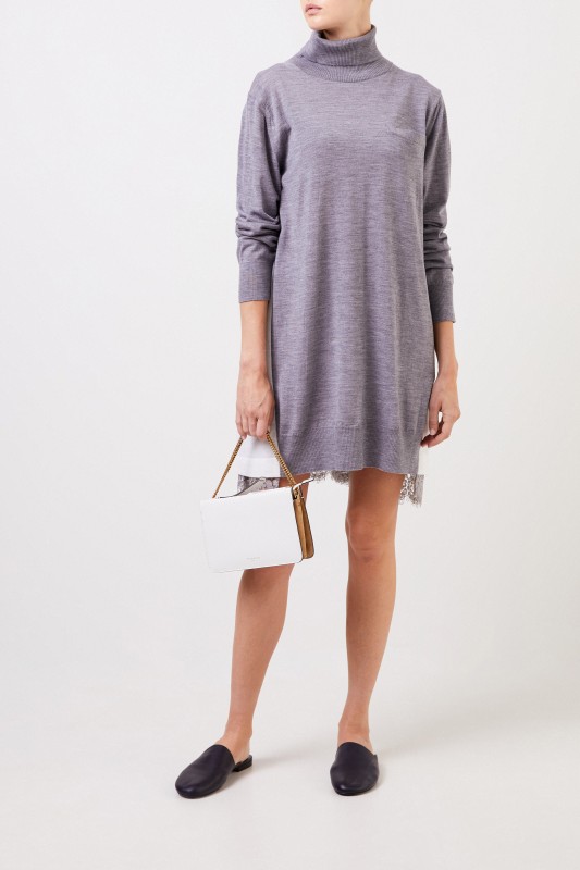 Sacai Wollkleid mit Lace-Detail Grau/Crème