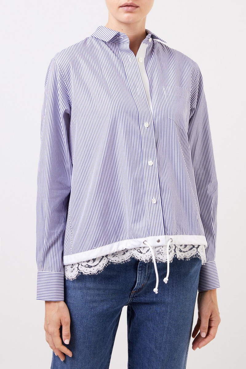 Sacai Gestreifte Bluse mit Spitzendetails Blau/Weiß
