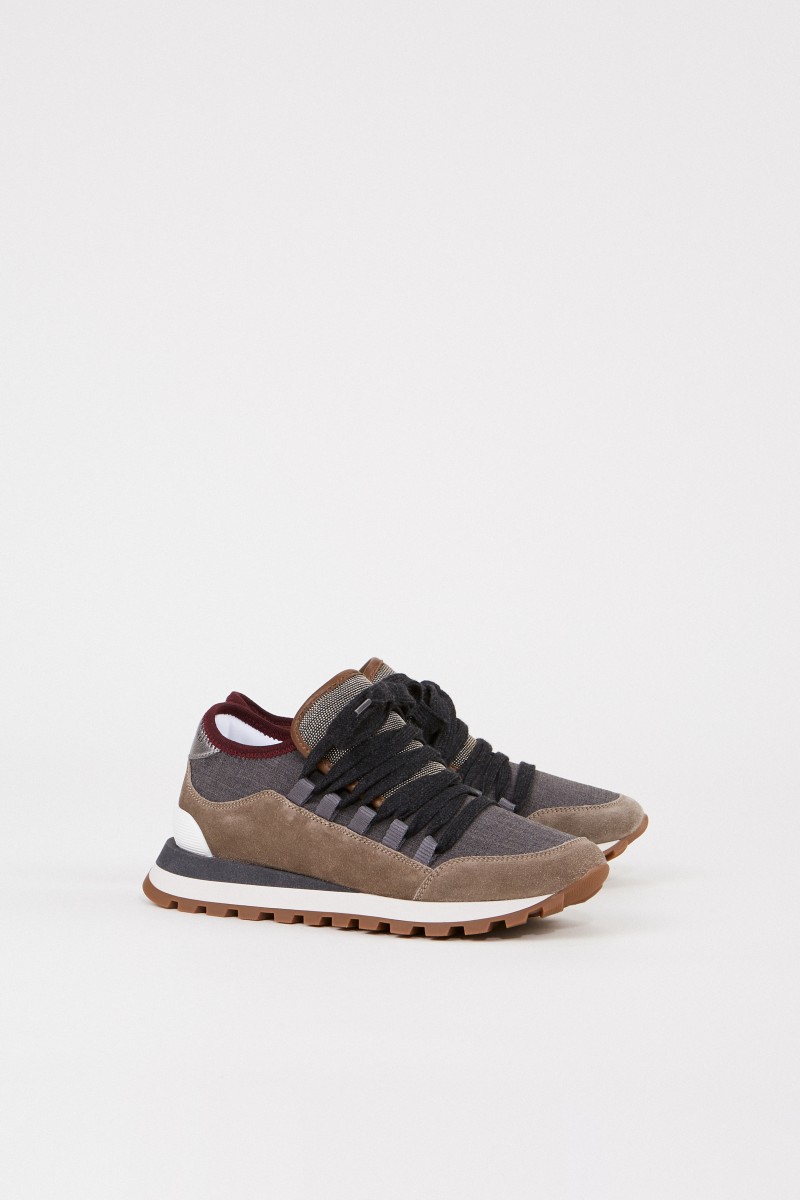 Brunello Cucinelli Veloursleder-Sneaker mit Perlenverzierung Taupe/Multi