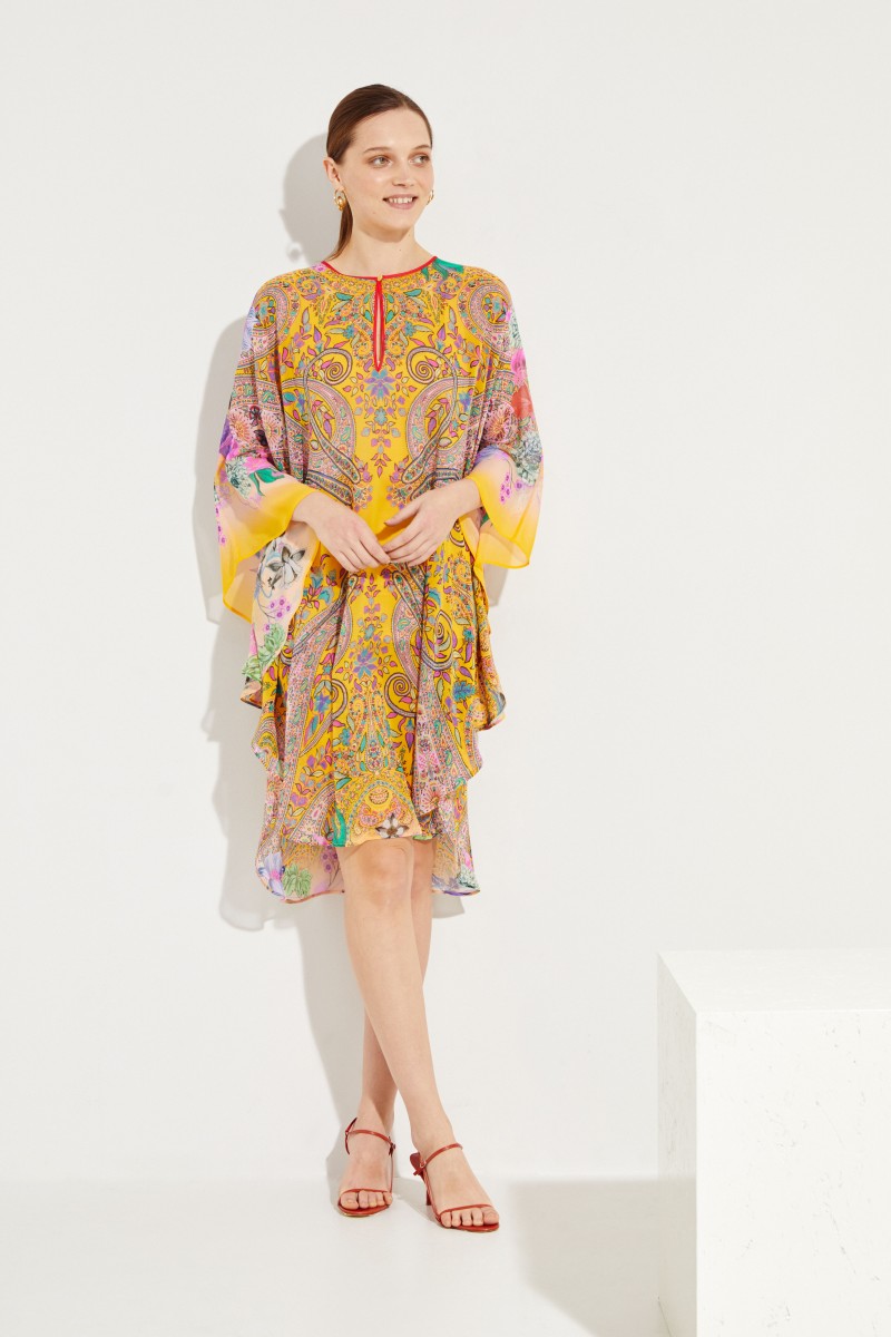 Seiden-Kaftan mit Print Gelb/Multi