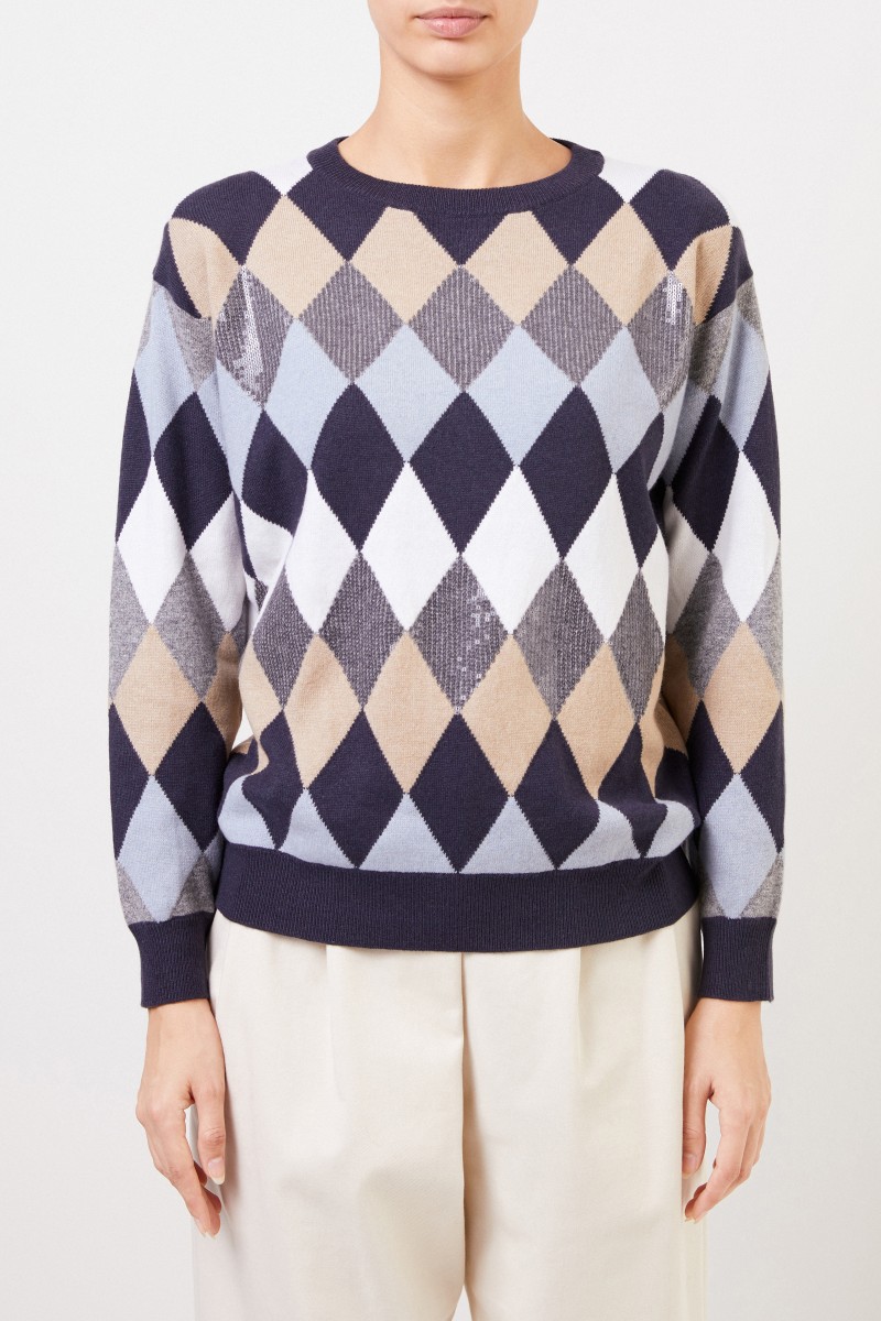 Brunello Cucinelli Woll-Pullover mit Karomuster Blau/Multi