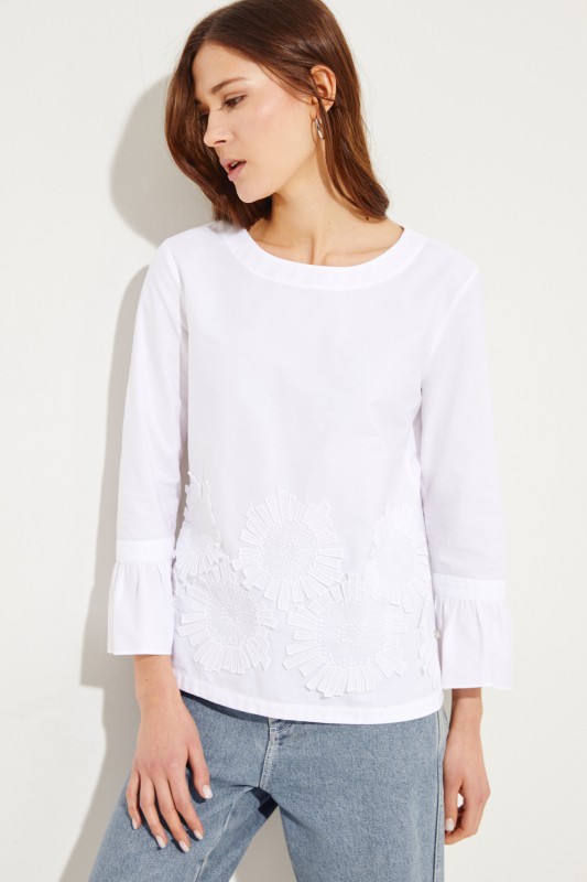 Baumwollbluse mit Stickereiverzierung Weiß