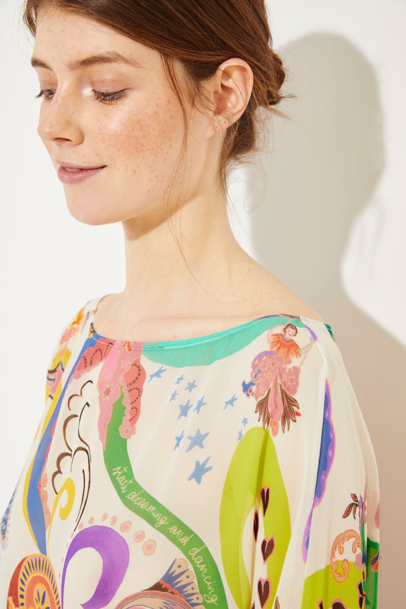Seiden-Kleid mit Print Weiß/Multi