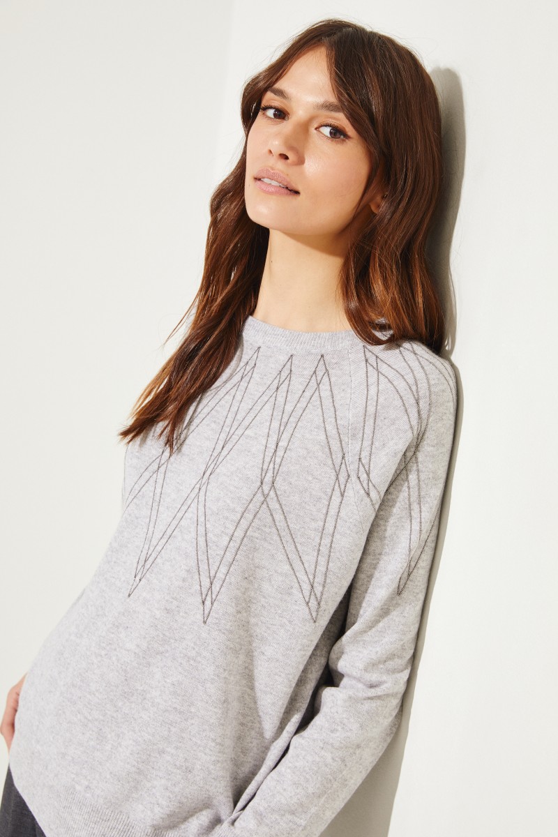 Brunello Cucinelli Cashmere-Pullover mit Perlenverzierung Grau