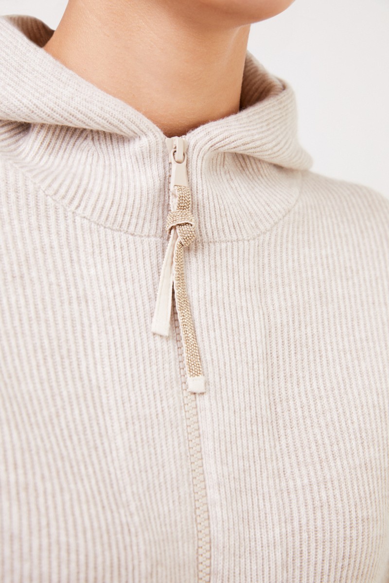 Brunello Cucinelli Cashmere-Sweatjacke mit Kapuze und Perlenverzierung Beige