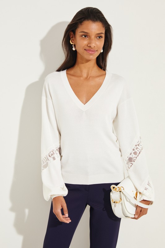 Pullover mit Lace-Details Crème