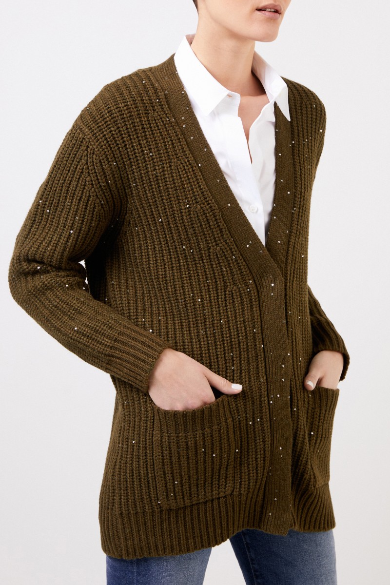 Steffen Schraut Woll-Alpaka Cardigan mit Paillettenverzierung Khaki