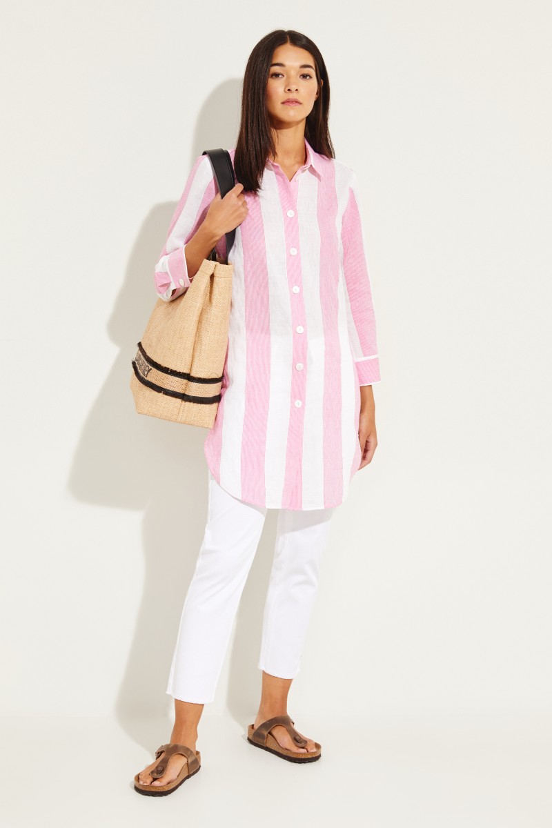 Gestreifte Baumwoll-Leinen-Tunika Pink/Weiß