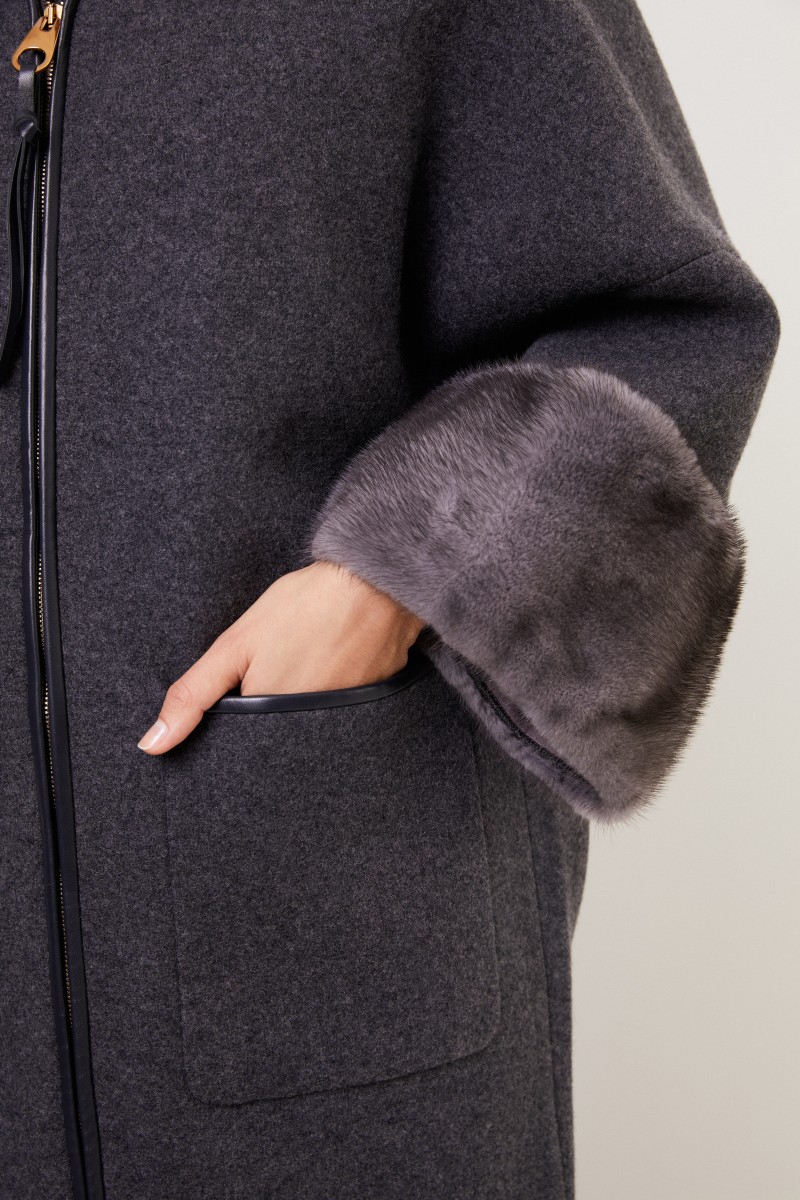 Cashmere-Mantel mit Nerzdetails Anthrazit