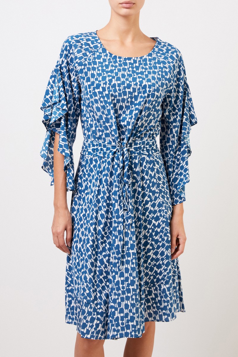 Seidenkleid mit Mustermix Blau/Weiß