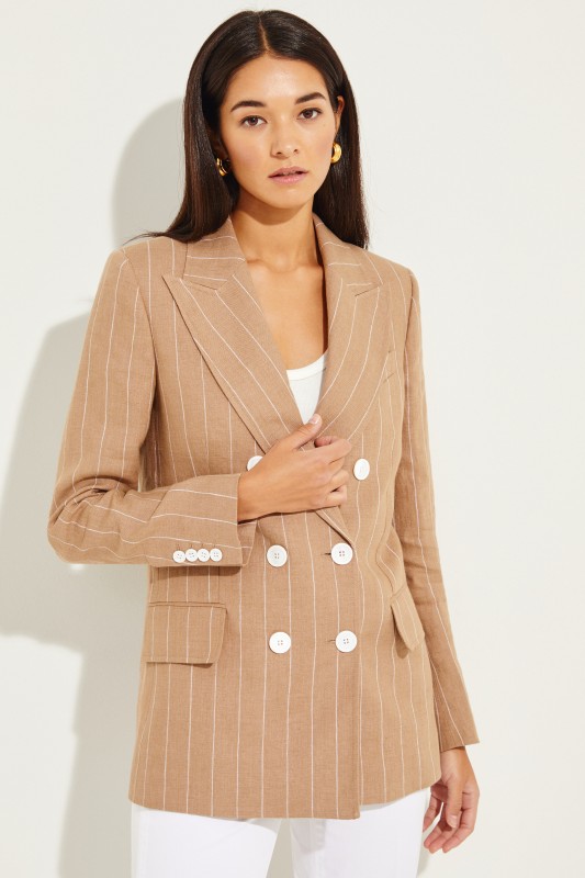 Gestreifter Leinen-Blazer Beige/Weiß