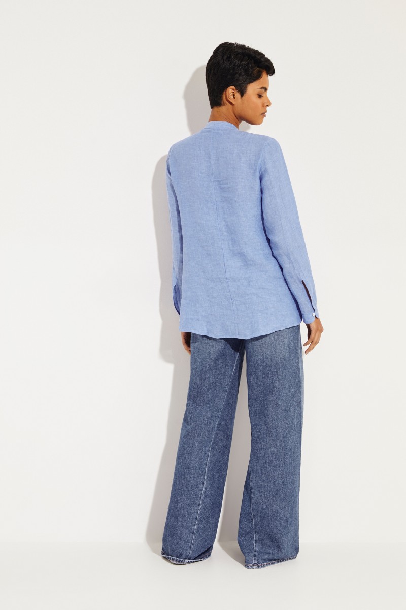 Leinen-Bluse mit Rüschen Blau