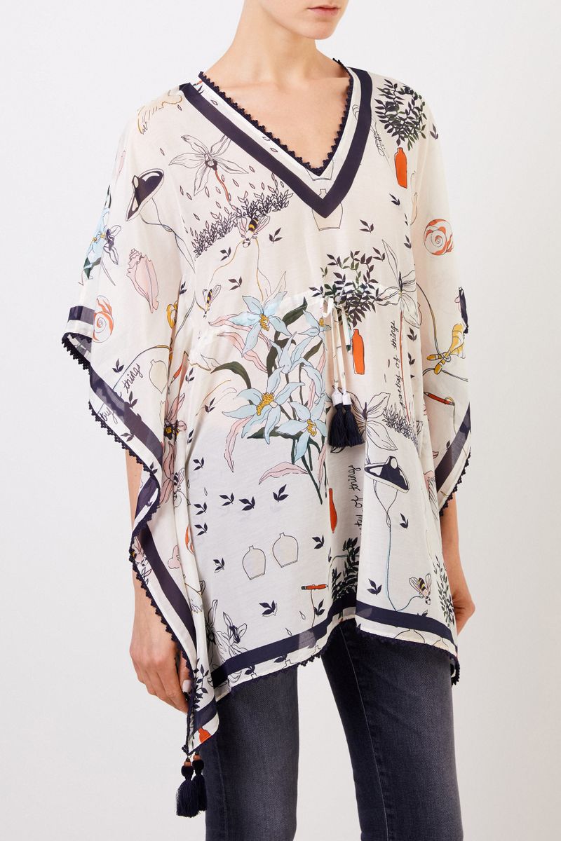 Baumwoll-Seiden-Tunika mit Print Crème/Multi