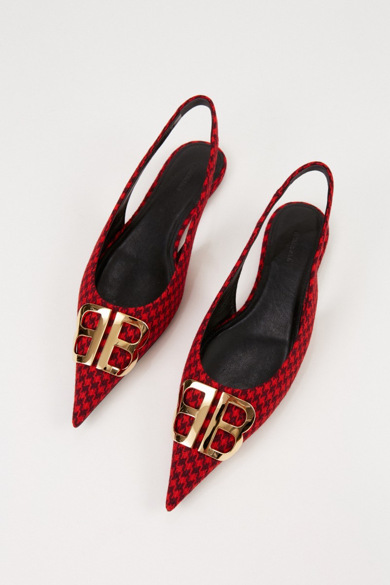 Balenciaga Spitzer Leder-Flat mit Pepitamuster Rot/Schwarz