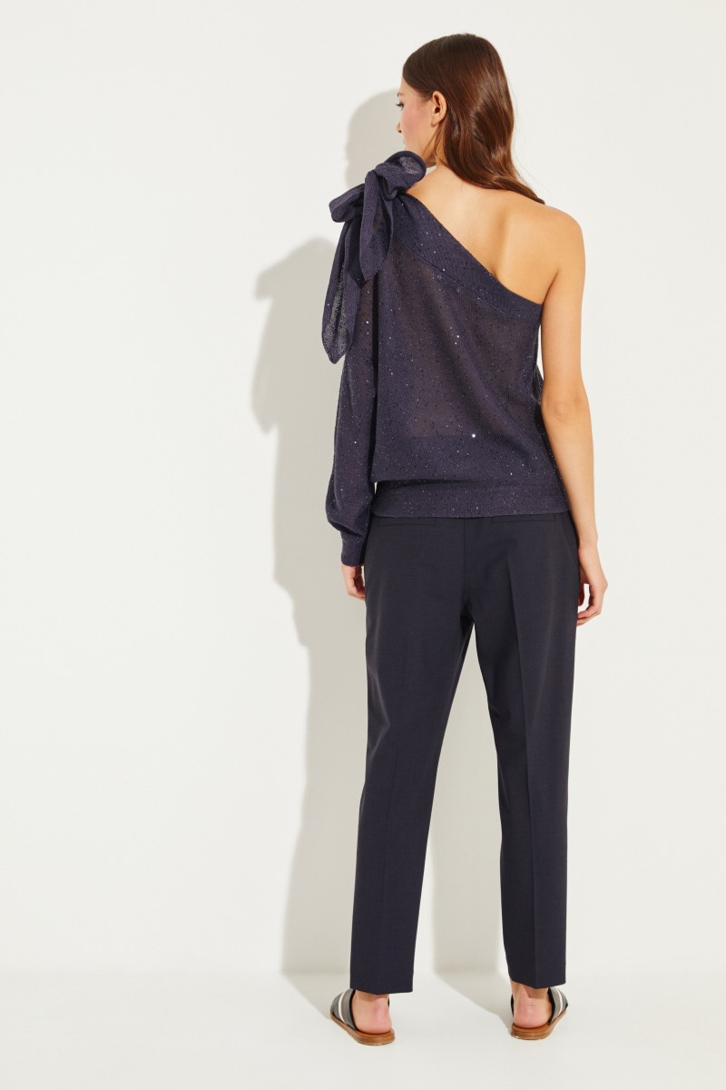Leinen-Seiden-Pullover mit Pailletten Marineblau