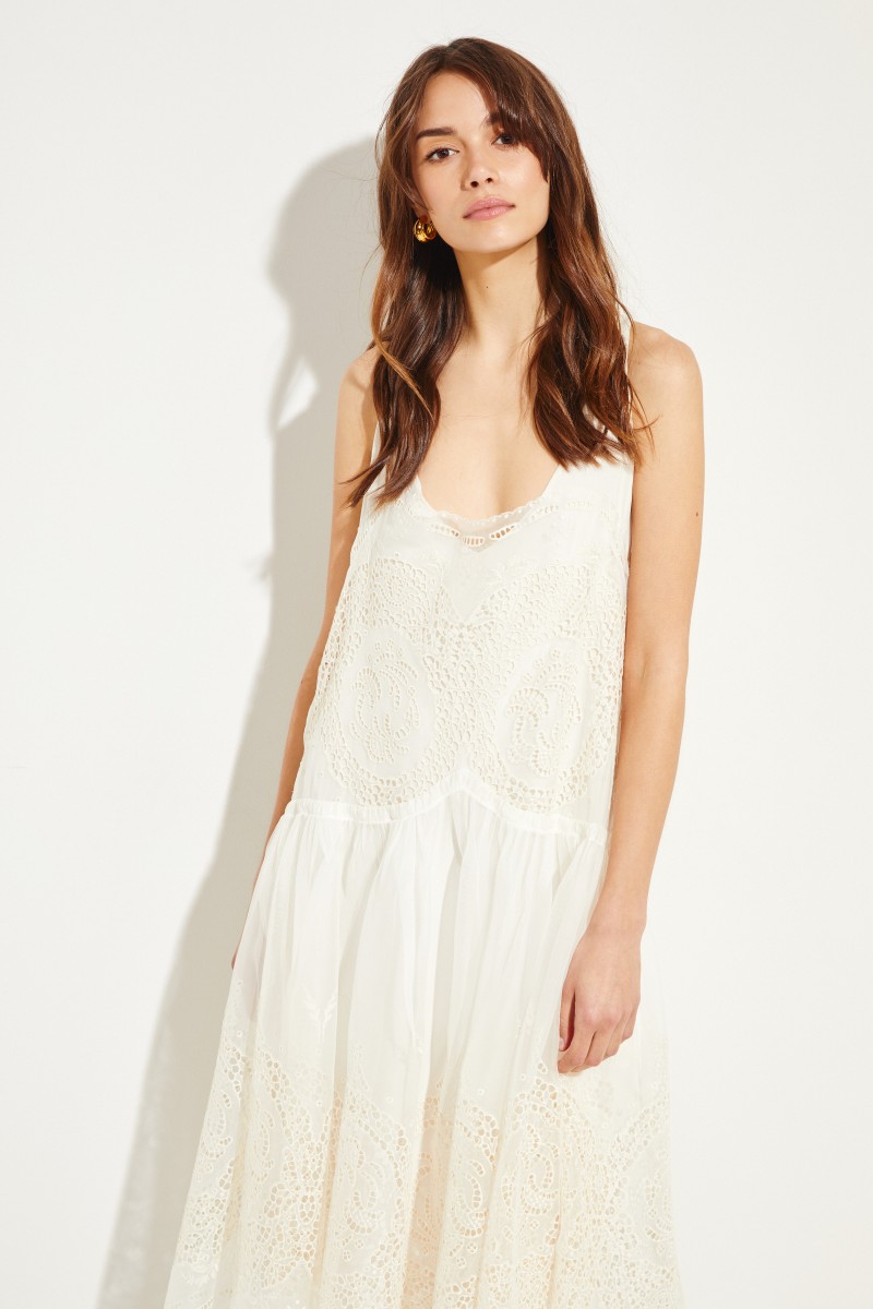 Seiden-Kleid mit Lochstickerei Crème