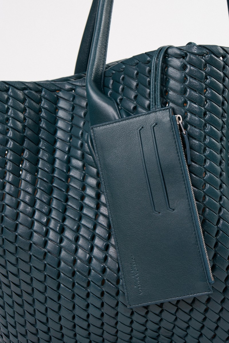 Leder-Shopper 'Basket Tote' aus Intreccio-Netz Petrol