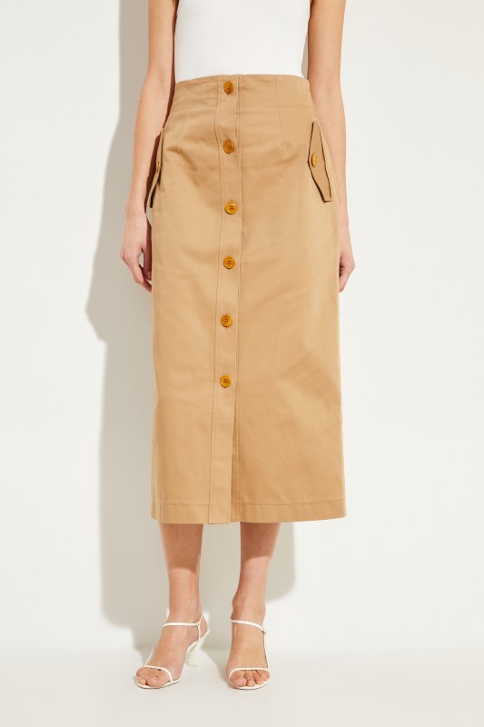 Midi-Baumwoll-Rock mit Knöpfen Beige