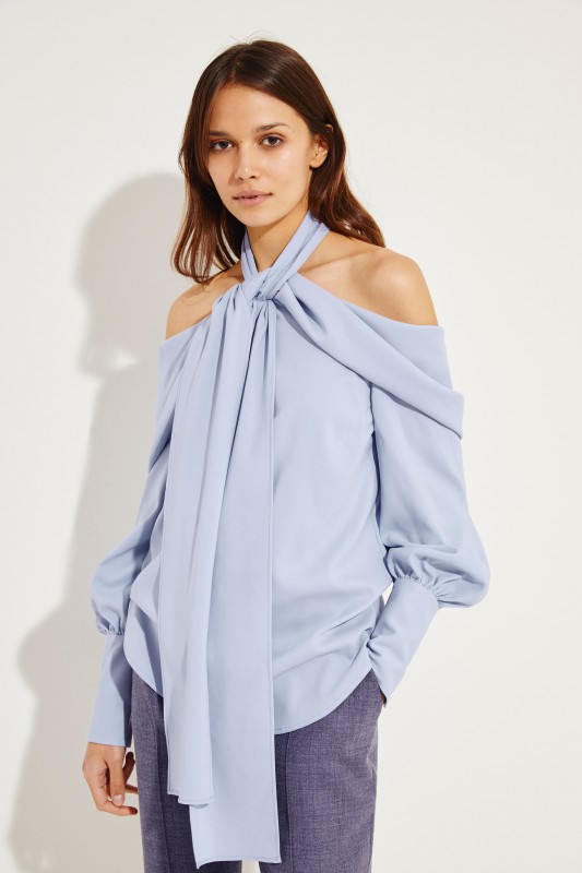 Seiden-Bluse mit Bindeelement Blau