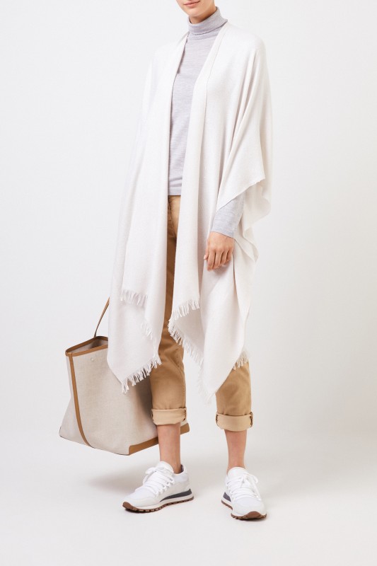 Cashmere-Seiden Poncho mit Fransen-Details Beige