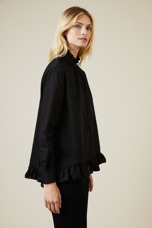Baumwoll-Bluse mit Rüschendetails Schwarz
