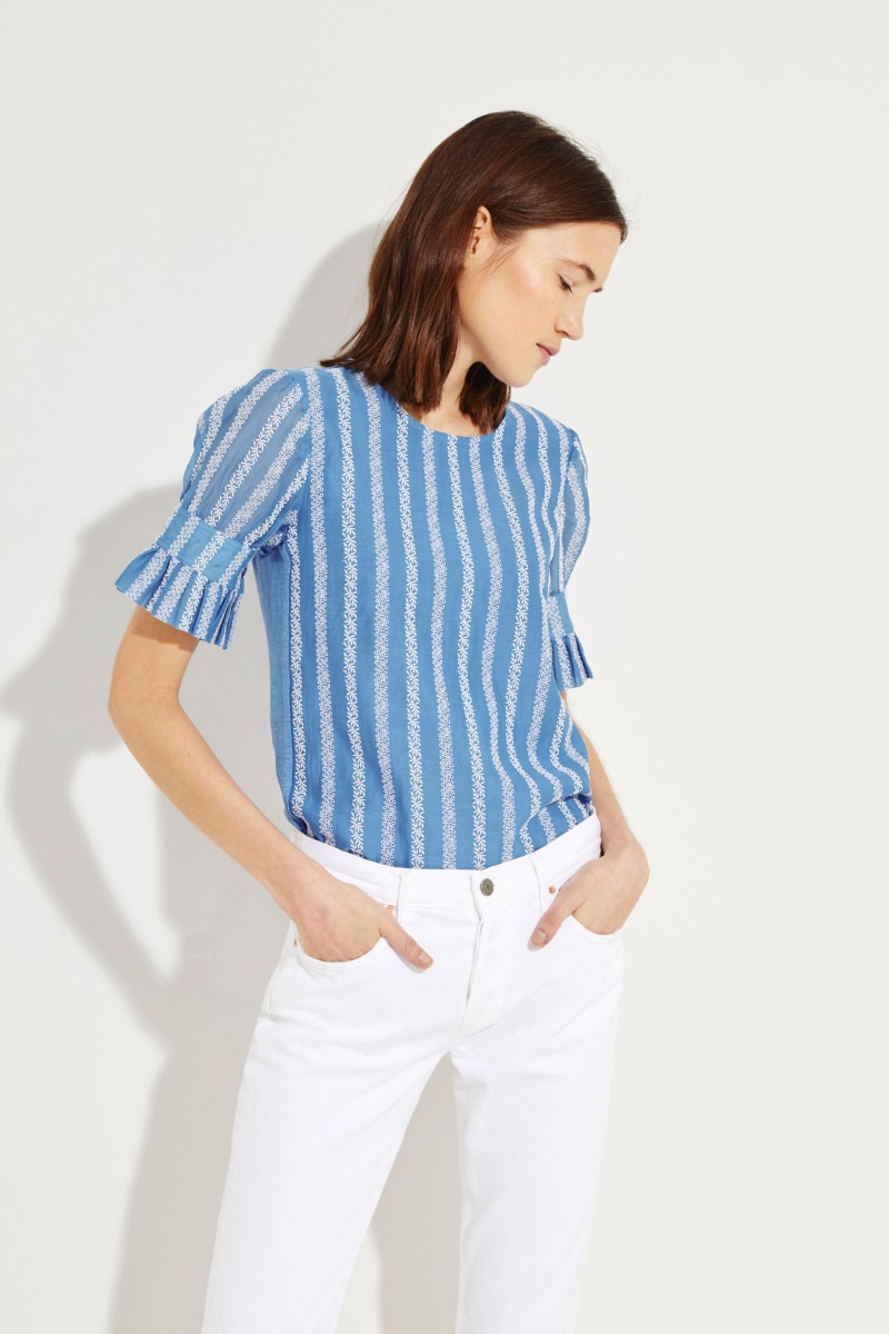 T-Shirt mit Stickereiverzierung Blau/Weiß