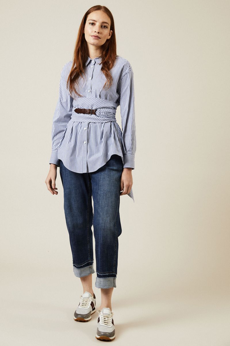 Gestreifte Baumwoll-Bluse mit Gürtel Navy/Weiß