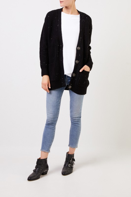 Woll-Alpaka Cardigan mit Paillettenverzierung Schwarz