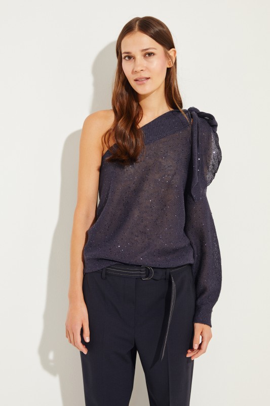 Leinen-Seiden-Pullover mit Pailletten Marineblau